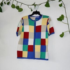 Multi Colored Checkerboard Zip Front Sweater Knit Short Sleeve Vintage 90s